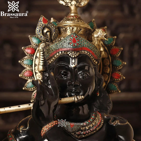 Brassaura® Lord Krishna Playing Flute Idol with Golden & Black Patina Finish | Pure Superfine Brass Handcrafted Murti | Brass Statue for Home Temple, Pooja Room | Height 46.5 Inches | Weight 46 Kgs