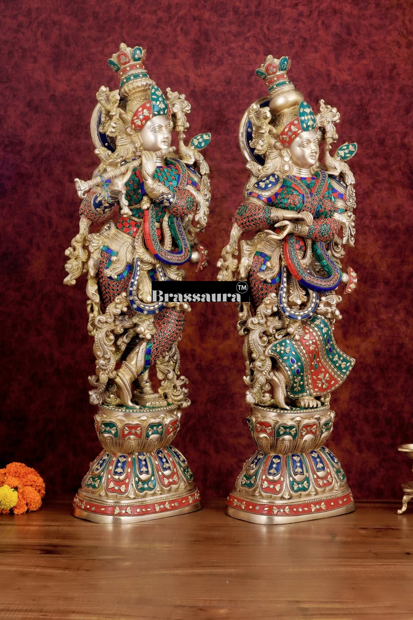 Brassaura™ Handmade Brass Radha Krishna Idol Pair with Meenakari – Height 30 & 29 Inches & Weight 35 Kgs | Elegant Devotional Statues
