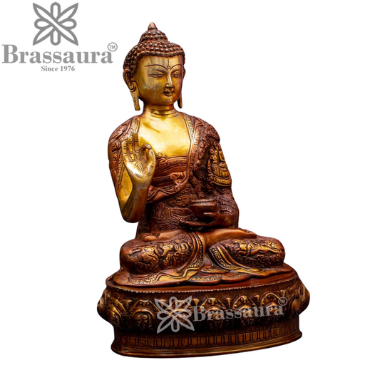 Brassaura® Buddha Sitting in Abhaya Mudra with Antique Brown & Gold Finish and Intricate Robe Detailing | Pure Superfine Brass Handcrafted Murti | Brass Statue for Home Temple, Pooja Room | Height 14 Inches | Weight 7.5 Kgs