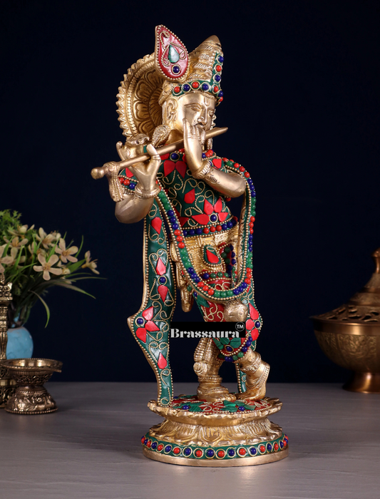 Brassaura® Pure Brass Lord Krishna Idol with Floral Stonework | Handcrafted Krishna Murti for Home Temple, Spiritual Décor & Gifting | Height 11 Inches | Weight 2.75 Kg