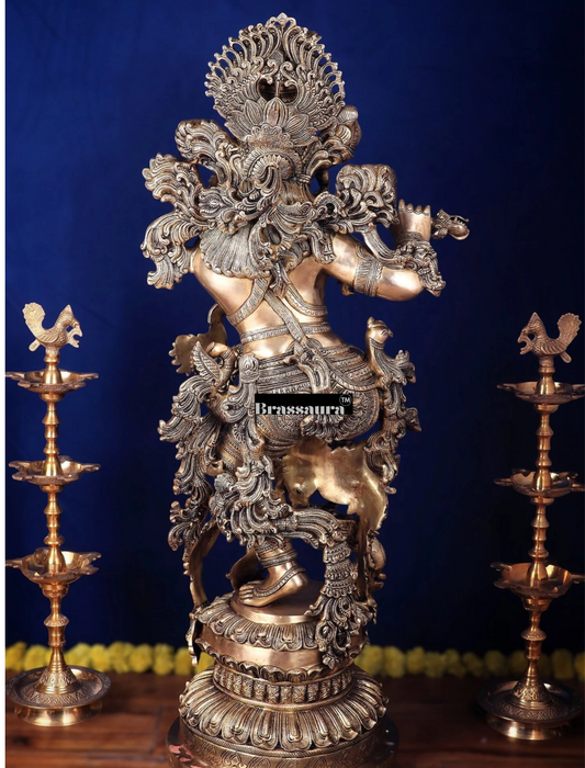 Brassaura® Superfine Brass Lord Krishna Sculpture | Pure Solid Brass Handcrafted Krishna Murti for Home Temple, Luxury Décor & Gifting | Height 48 Inches | Weight 75 Kg