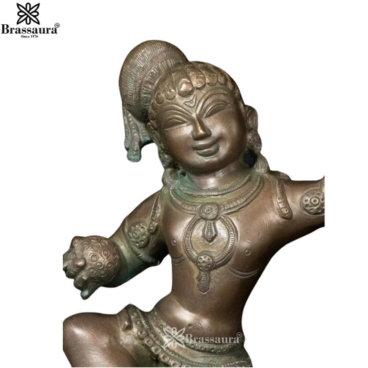 Brassaura® Dancing Baby Krishna Brass Idol | Pure Brass Handcrafted Bal Krishna Murti | Laddu Gopal Statue for Home Temple, Living Room & Spiritual Décor | Height 11 Inches | Weight 3.3 Kgs