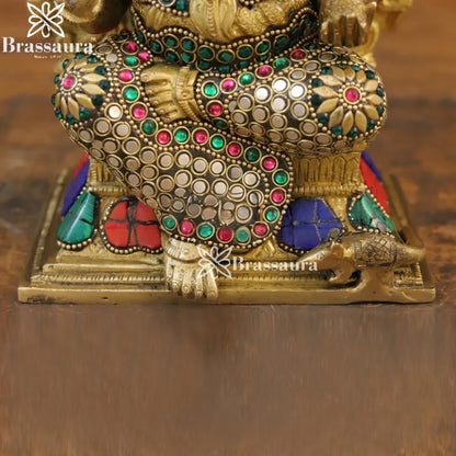 Brass Gem Stone Work Ring Ganesha Weight 4.32 Kg & Height 12 Inch