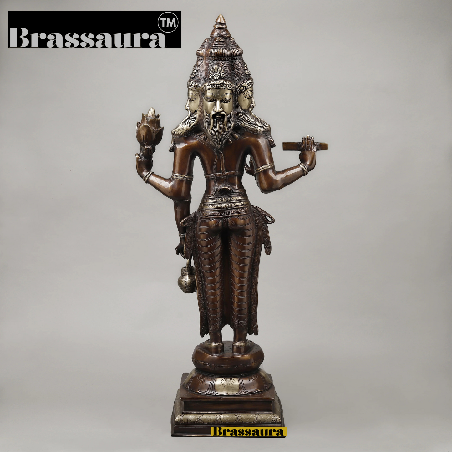 Brassaura™ Brass Brahma Dev Idol – Height 39 Inches & Weight 29.45 Kgs | Elegant Brass Deity Idol for Spiritual Ambience