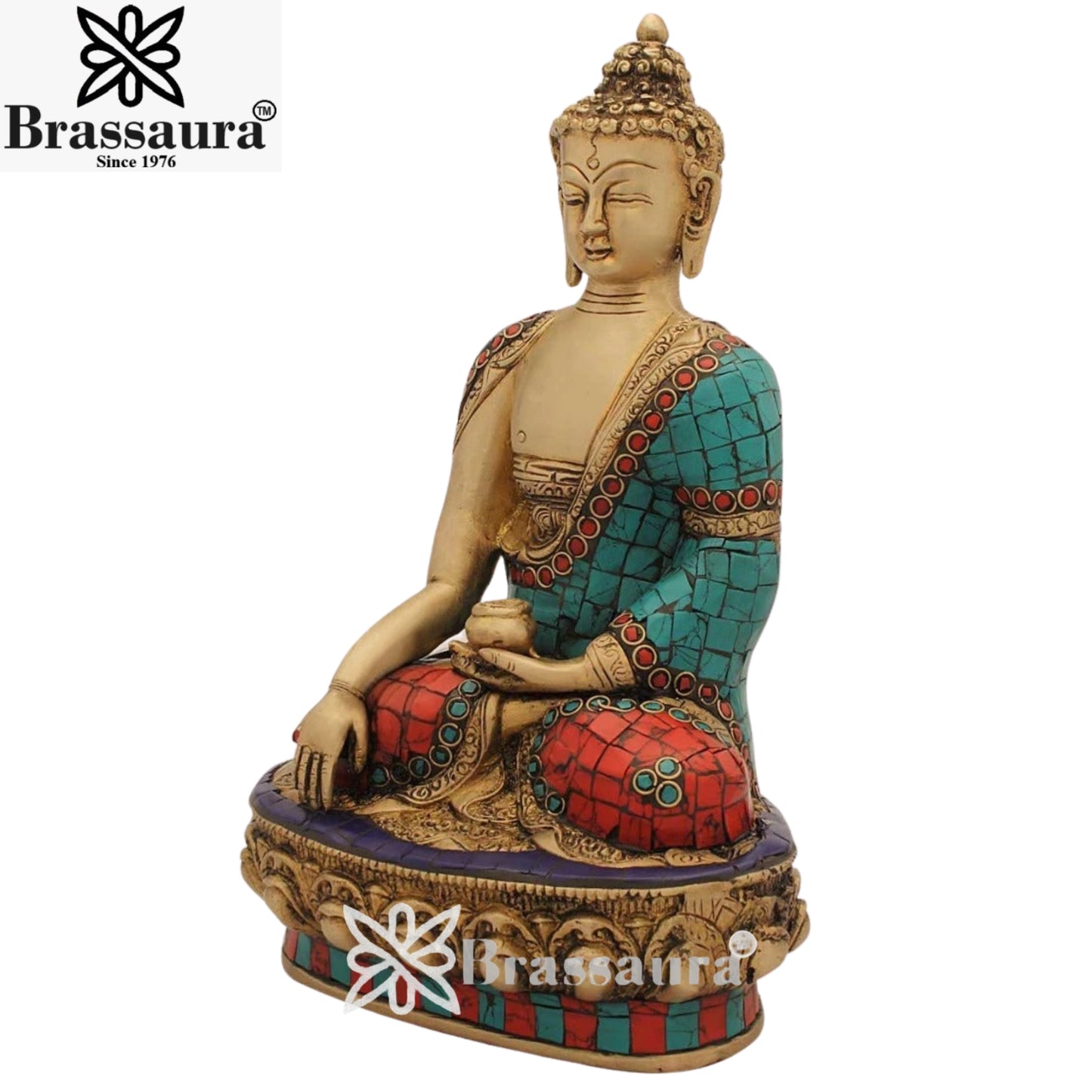 Brass Artistic Gem Stone Work Buddha Weight 3.2 Kg & Height 10 Inch