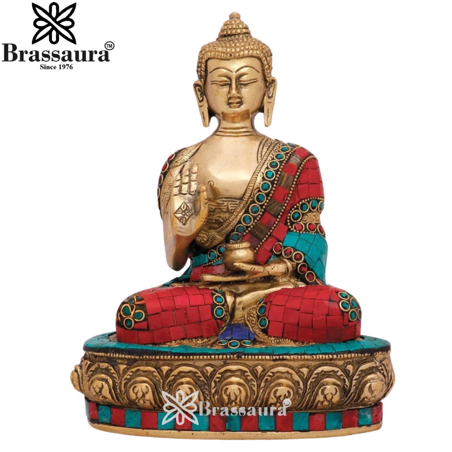 Brass Blessing Gem Stone Work Buddha Weight 6.5 kg & Height 13 Inch