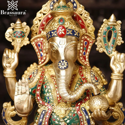 Brass Gem Stone Work Lotus Jewellery Ganesha Weight 33.5 Kg & Height 24 Inch