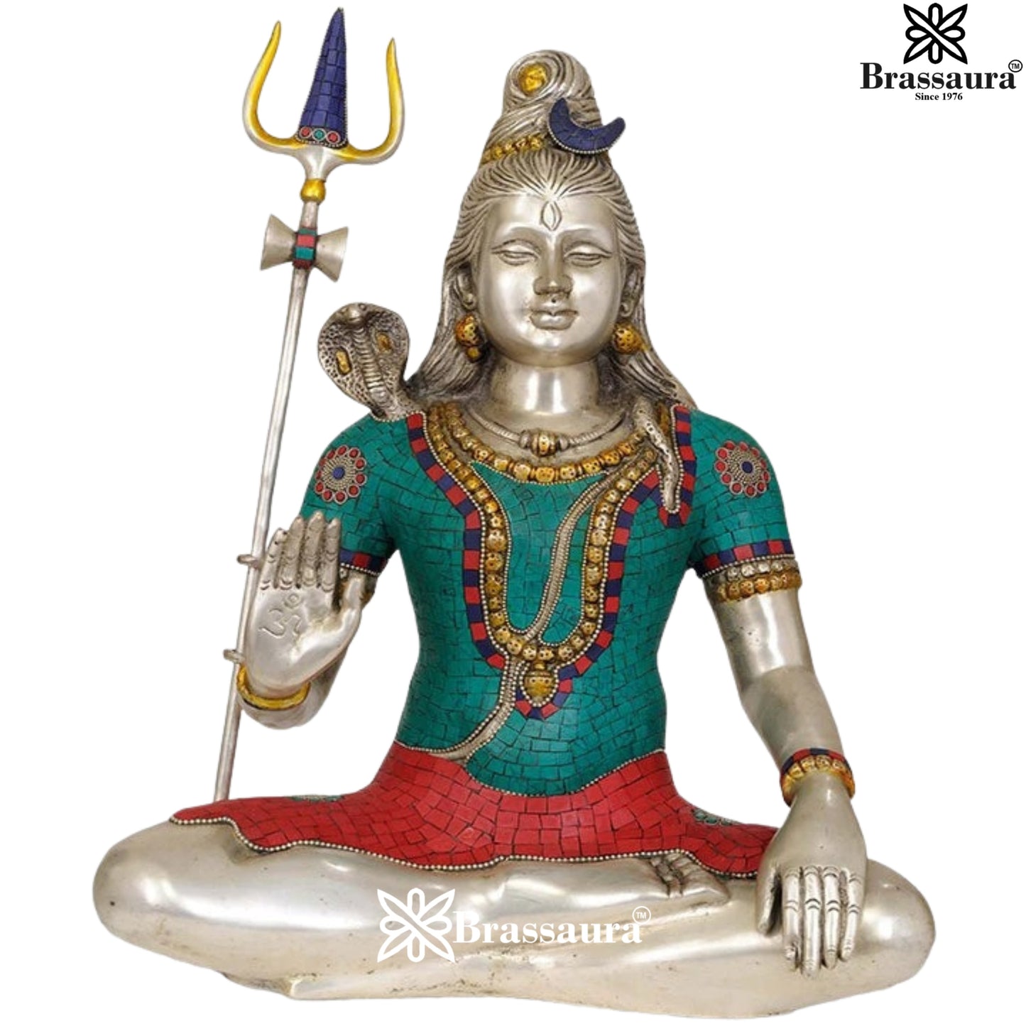 Brassaura™ Lord Shiva Gemstone Work Brass Sculpture – Height 20 Inches & Weight 12 Kgs| Devotional Ambiance