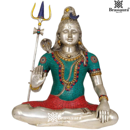 Brassaura™ Lord Shiva Gemstone Work Brass Sculpture – Height 20 Inches & Weight 12 Kgs| Devotional Ambiance