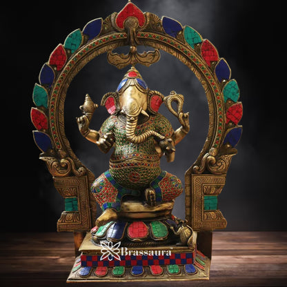Brass Gem Stone Ganesha Statue Weight 12.63 Kg & Height 18 Inch