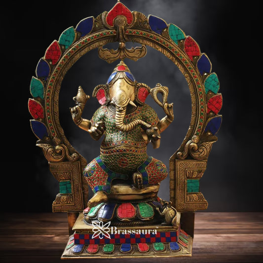 Brass Gem Stone Ganesha Statue Weight 12.63 Kg & Height 18 Inch