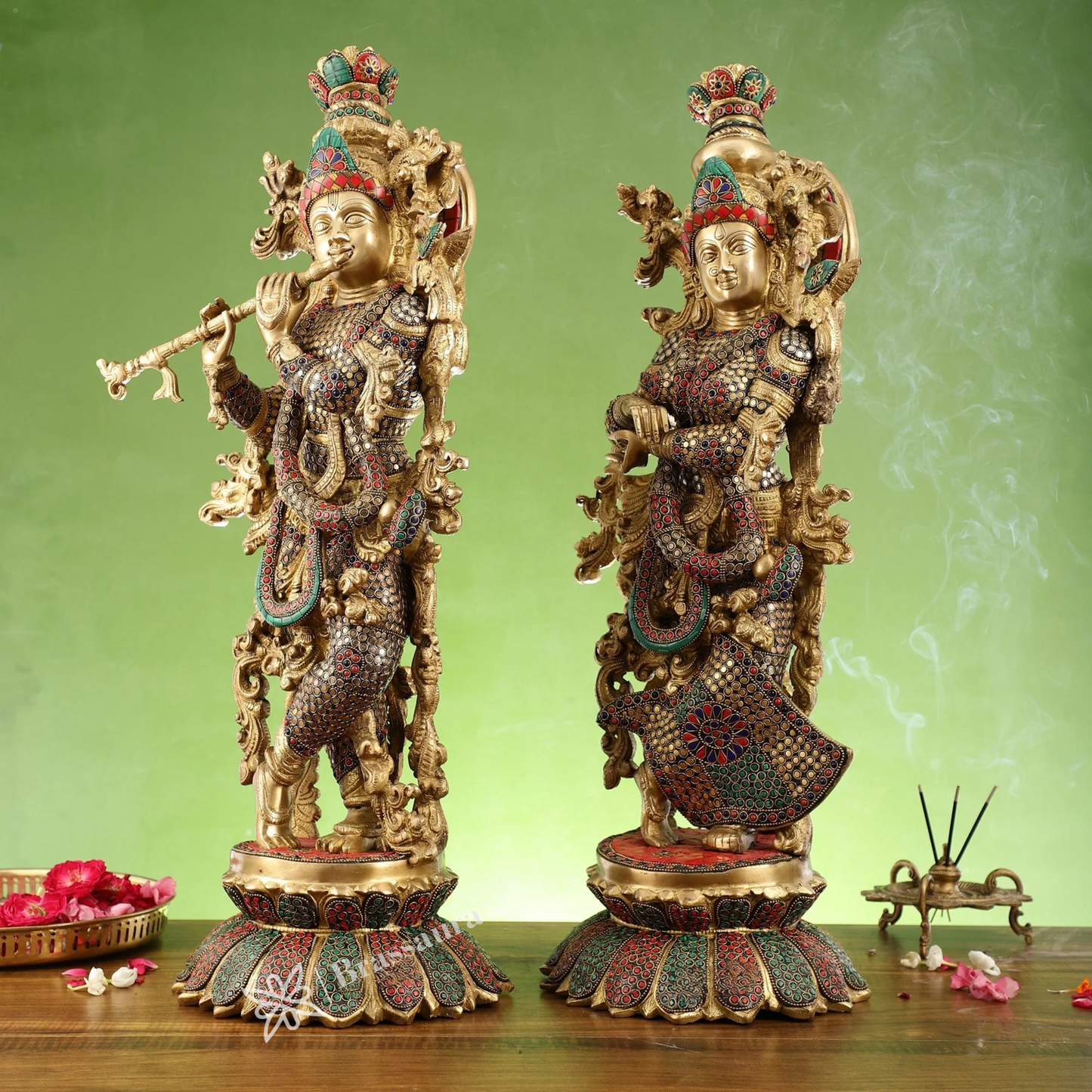 Brassaura™ Handcrafted Radha Krishna Brass Idols – 26 Inch Height, 40 Kg | South Indian Style with Lotus Base
