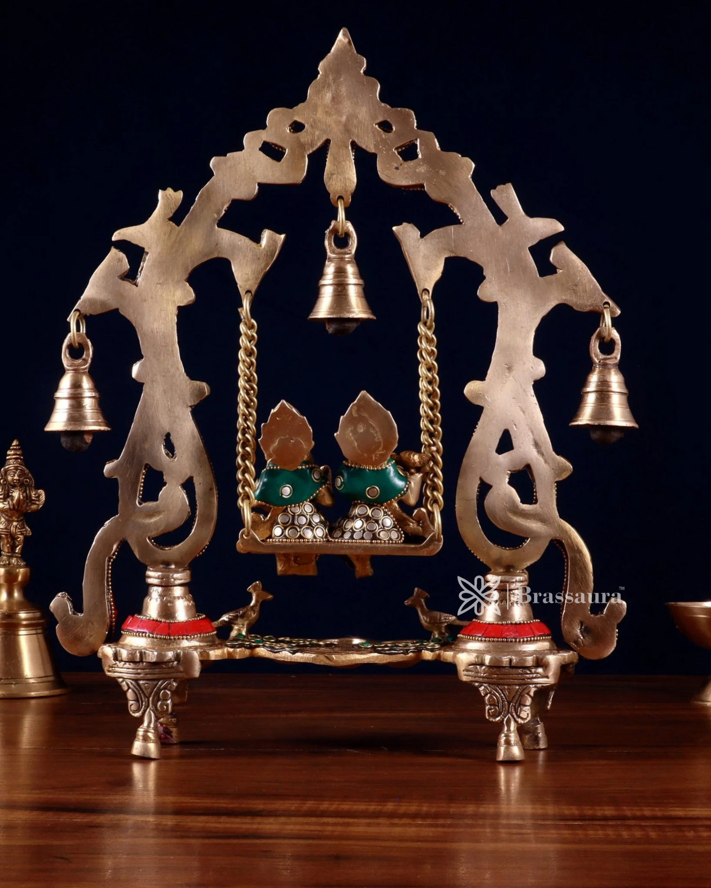 Brassaura™ Brass Radha Krishna Swing Idol with Diyas, Peacocks & Bells – Height 13.5 Inches & Weight 2.4 Kgs | Elegant Devotional Statue