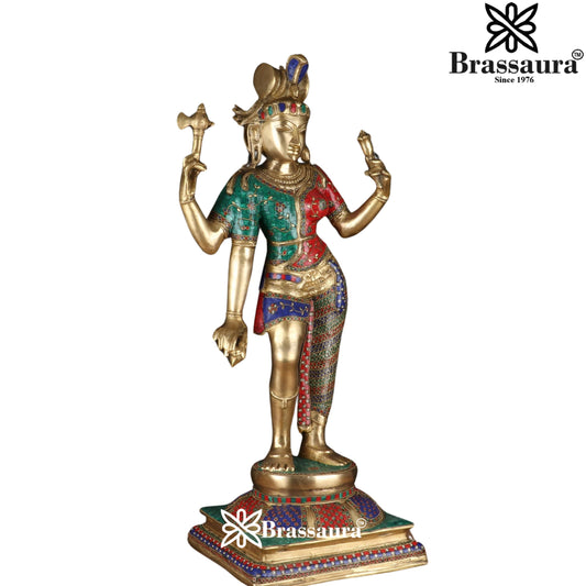 Brassaura™ Brass Gem Stone Work Ardhanarishwar Statue – Height 36 Inches & Weight 30 Kgs | Temple & Pooja Décor