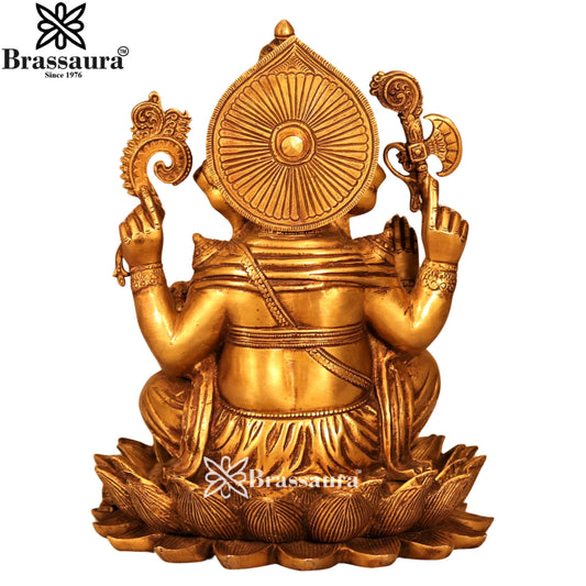 Brassaura® Golden Lord Ganesha Sitting on Lotus | Brass Idol | Height 12 Inches