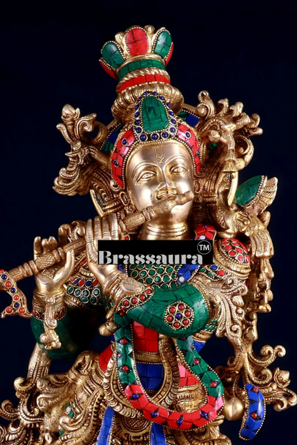 Brassaura™ Brass Krishna Playing Flute Statue with Stonework – Height 29 Inches & Weight 20 Kgs