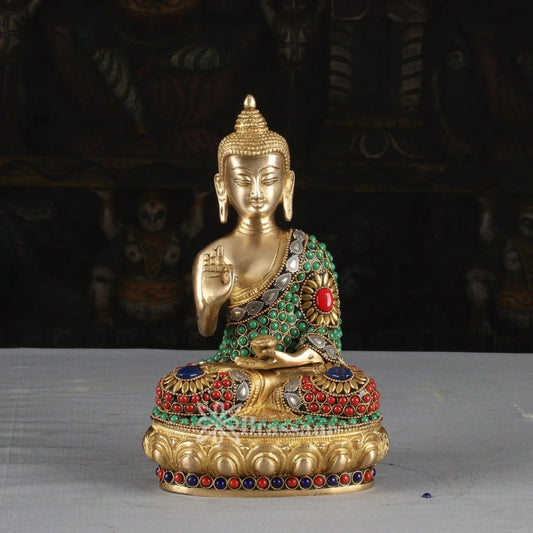 Brass Blessing Gem Stone Work Multicolored Buddha Weight 3 kg & Height 9 Inch