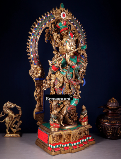 BrassAura™ Pure Superfine Brass Krishna Statue with Large Prabhavali Frame – Intricate Stonework | Height 33 Inch | Weight 35 Kg