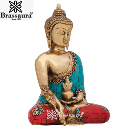 Brass Bhumisprasa Gem Stone Work Buddha Weight 1.9 kg & Height 7.5 Inch
