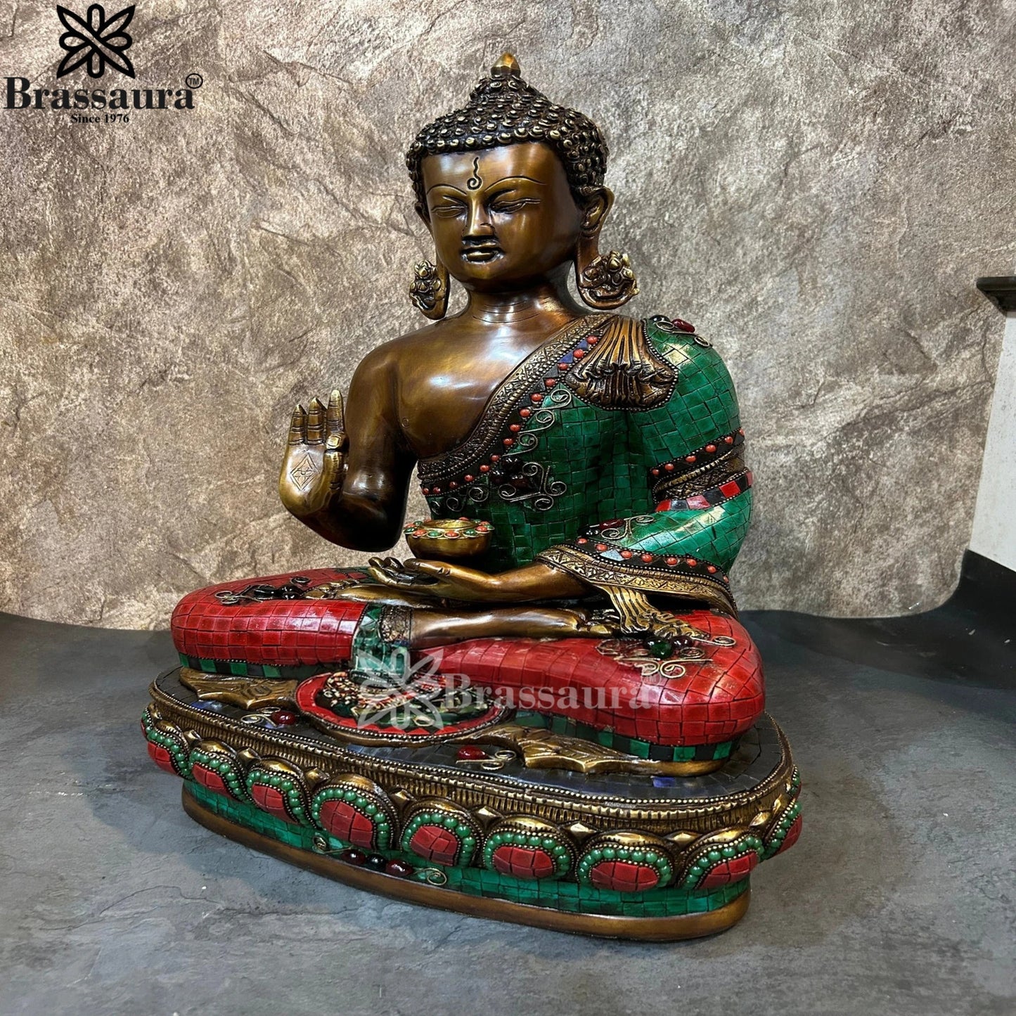 Brass Blessing Gem Stone Work Buddha Weight 16.4 kg & Height 19 Inch