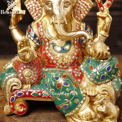 Brass Gem Stone Work Ganesha Weight 6.4 Kg & Height 12 Inch