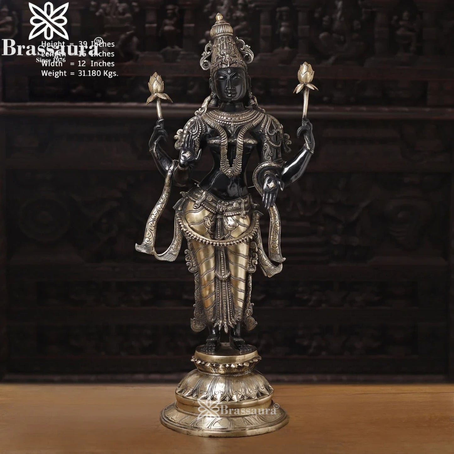 Brassaura™ Elegant Brass Laxmi Murti – Height 39 Inches & Weight 31.48 Kgs | Temple & Home Décor