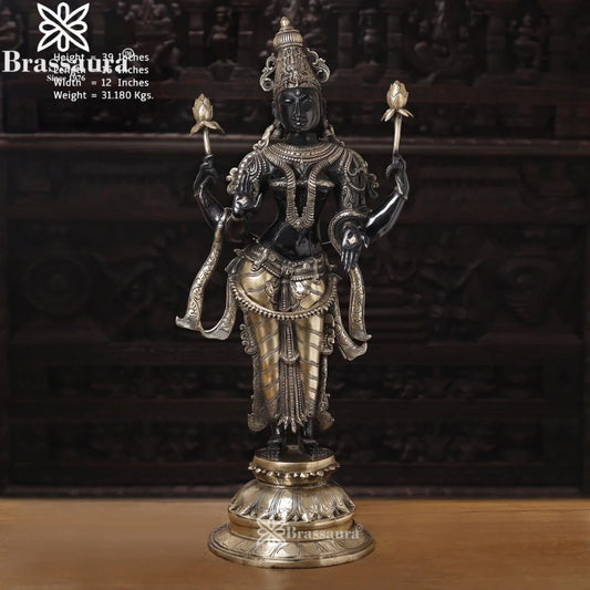 Brassaura™ Elegant Brass Laxmi Murti – Height 39 Inches & Weight 31.48 Kgs | Temple & Home Décor