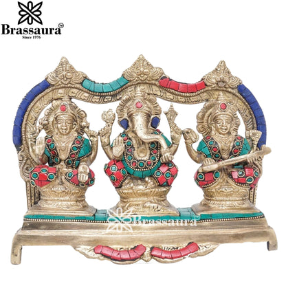 Brassaura™ Artistic Brass Gemstone Laxmi Ganesha Saraswati Statue – Height 7 Inches & Weight 3.8 Kgs | Puja Room Idol