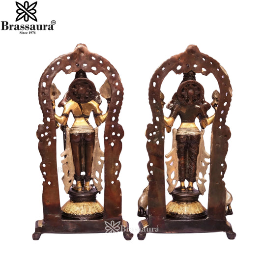Brassaura® Vishnu Lakshmi on Prabhavali Brass Statue Pair | Handmade Divine Standing Sculpture | Height 16 Inches