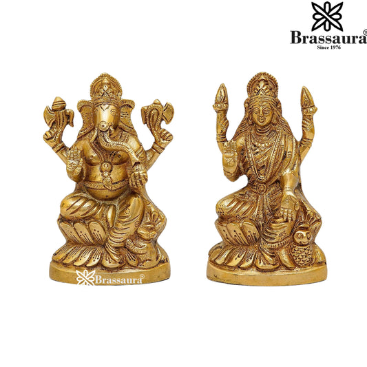 Brassaura® Lakshmi Ganesha Brass Idol Pair | Traditional Handcrafted Divine Murti Set | Height 5.8 Inches