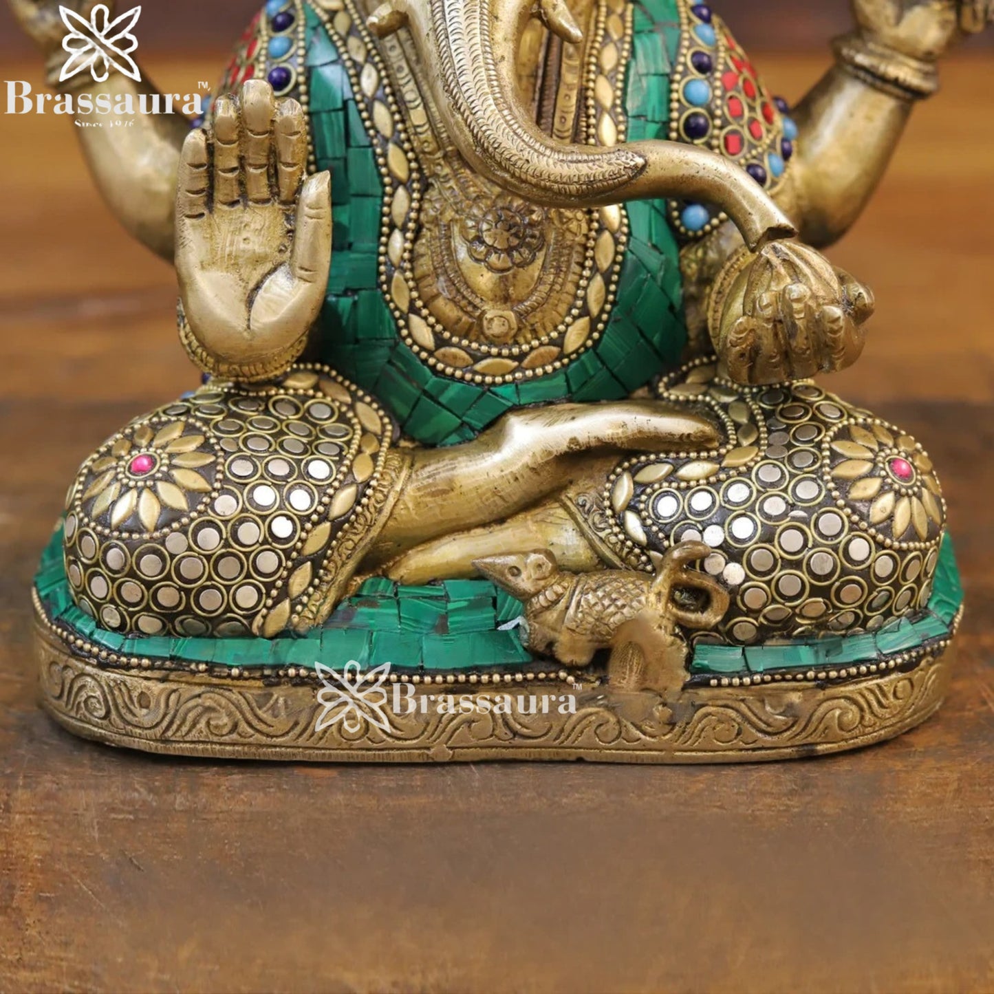 Brass Gem Stone Work Ganesha Weight 5.1 Kg & Height 9 Inch