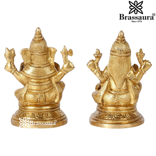 Brassaura® Lakshmi Ganesha Brass Idol Set | Traditional Handmade Brass Murti Pair | Height 4 Inches