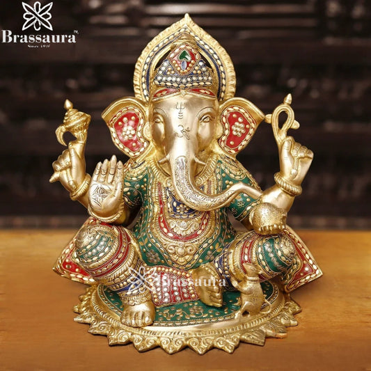 Brass Gem Stone Work Ganesha Weight 13 Kg & Height 13.5 Inch