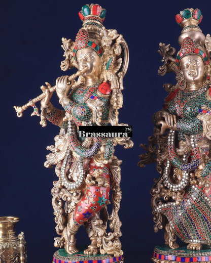 Brassaura™ Pure Brass Radha Krishna Statue with Triple-Layered Meenakari – Height 27 Inches & Weight 40 Kgs | Majestic Devotional Idol