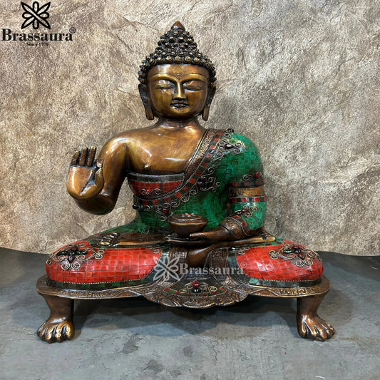 Brass Blessing Gem Stone Work Buddha Weight 11.8 kg & Height 20 Inch