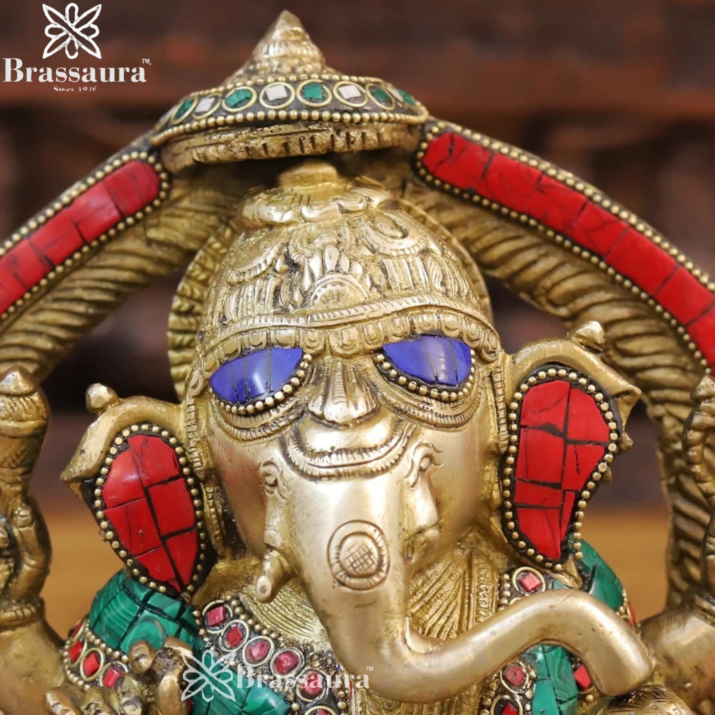 Brass Gem Stone Work Ring Ganesha Weight 3.8 Kg & Height 8.5 Inch