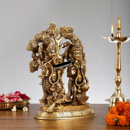 Brassaura™ Superfine Brass Radha Krishna Idols with Kalpavriksha & Peacock – Height 14 Inches & Weight 7.59 Kgs | Devotional Pair