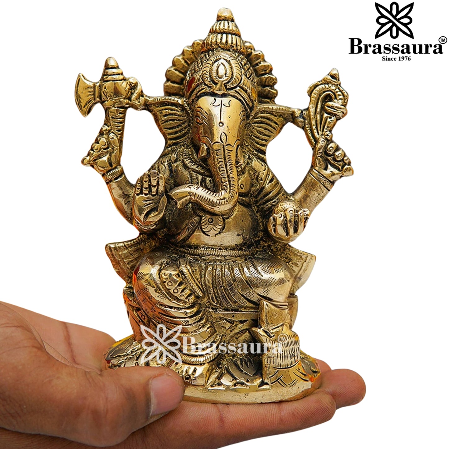 Brassaura™ Brass Laxmi Ganesha Saraswati Idol – Height 5 Inches & Weight 3.3 Kgs | Home & Temple Murti