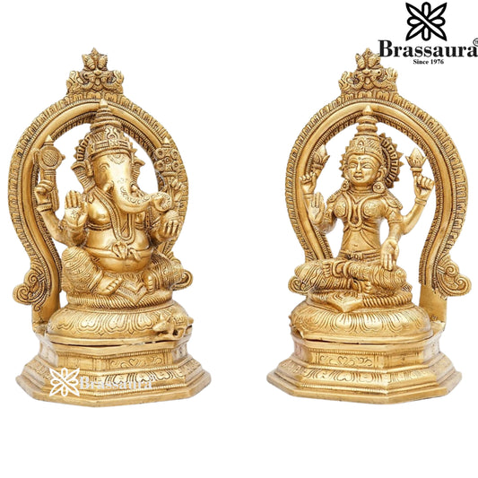 Brassaura® Lakshmi Ganesha Brass Idol Set with Decorative Arch | Handmade Brass Murti Pair | Height 11 Inches
