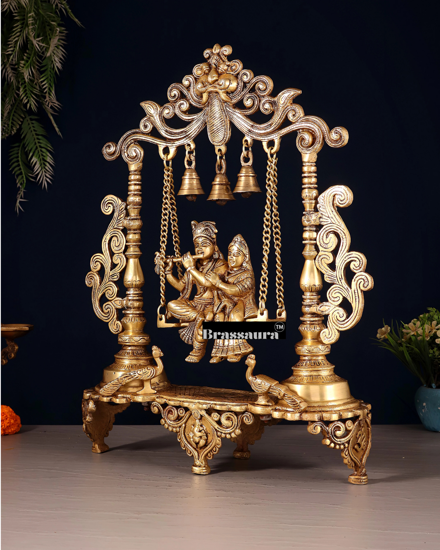 Brassaura™ Majestic Brass Radha Krishna Swing Idol with Peacocks – Height 20 Inches & Weight 7.5 Kgs | Antique Finish Devotional Statue
