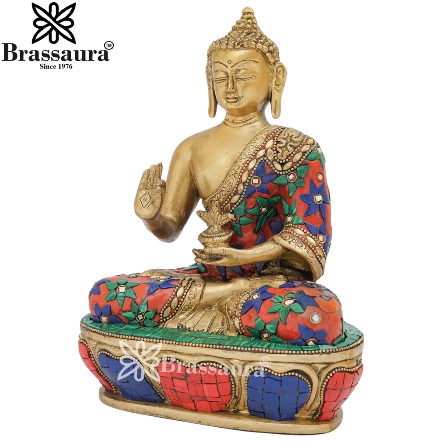 Brass Blessing Gem Stone Work Buddha Weight 3.5 kg & Height 9 Inch