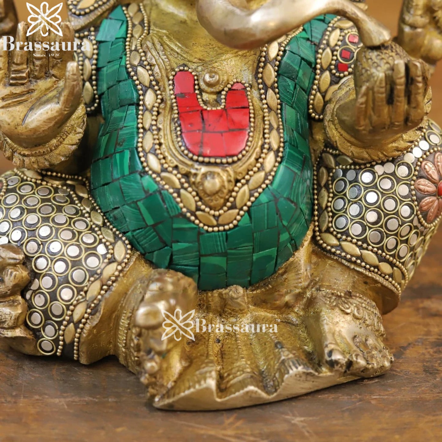 Brass Gem Stone Work Turban Ganesha Weight 5.4 Kg & Height 9 Inch