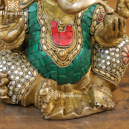 Brass Gem Stone Work Turban Ganesha Weight 5.4 Kg & Height 9 Inch