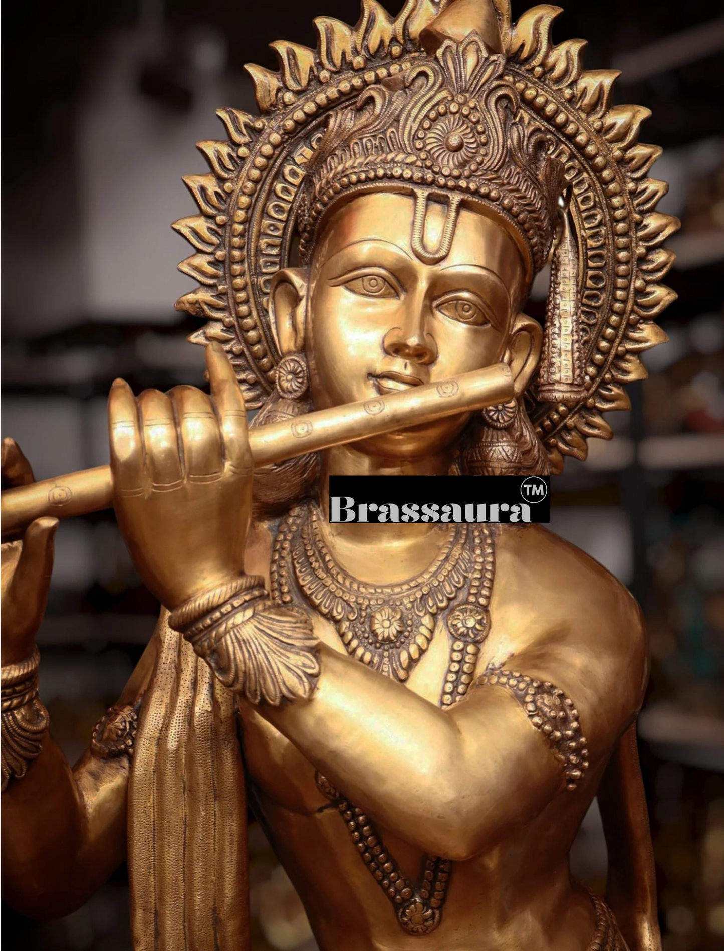 Brassaura™ Life-Size Lord Krishna Brass Statue – Height 79" | Weight 148 Kgs