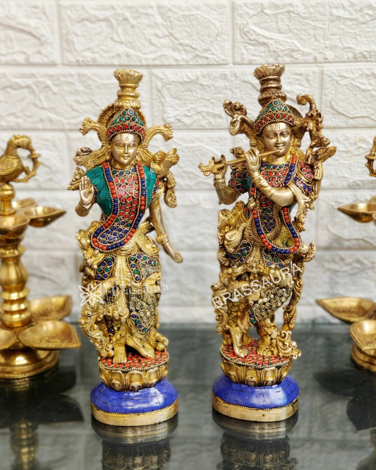 Brassaura™ Handcrafted Brass Radha Krishna Statue Pair with Natural Stones & Brass Rings – Height 14 Inches & Weight 8.5 Kgs | Elegant Devotional Idol