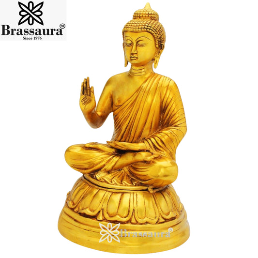 Brassaura® Brass Classic Royal Golden Buddha Idol in Seated Meditation Pose – Pure Superfine Brass Handcrafted Murti, Brass Statue for Home Temple, Pooja Room – 15 Inch, 7 Kg