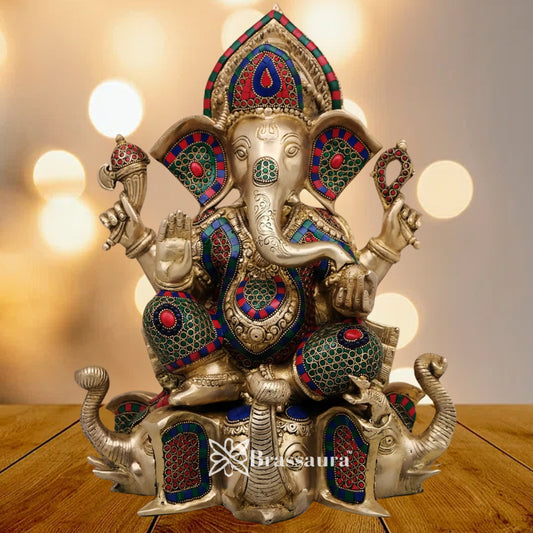 Brass Gem Stone Work Ganesha Statue Weight 8.25 Kg & Height 9 Inch