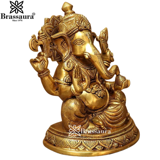 Brassaura® Exquisite Seated Ganesha Brass Idol | Detailed Lotus Base Design | Height 9.5 Inches