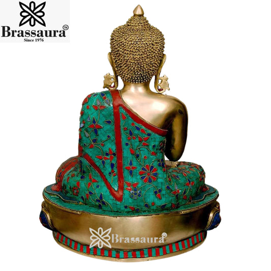 Brassaura® Buddha Bhumisparsha Mudra Sitting Idol with Gem Stone Work Finish | Pure Superfine Brass Handcrafted Murti | Brass Statue for Home Temple, Pooja Room | Height 25 Inches | Weight 29 Kgs
