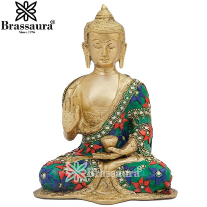 Brass Blessing Gem Stone Work Buddha Weight 2.1 kg & Height 8 Inch